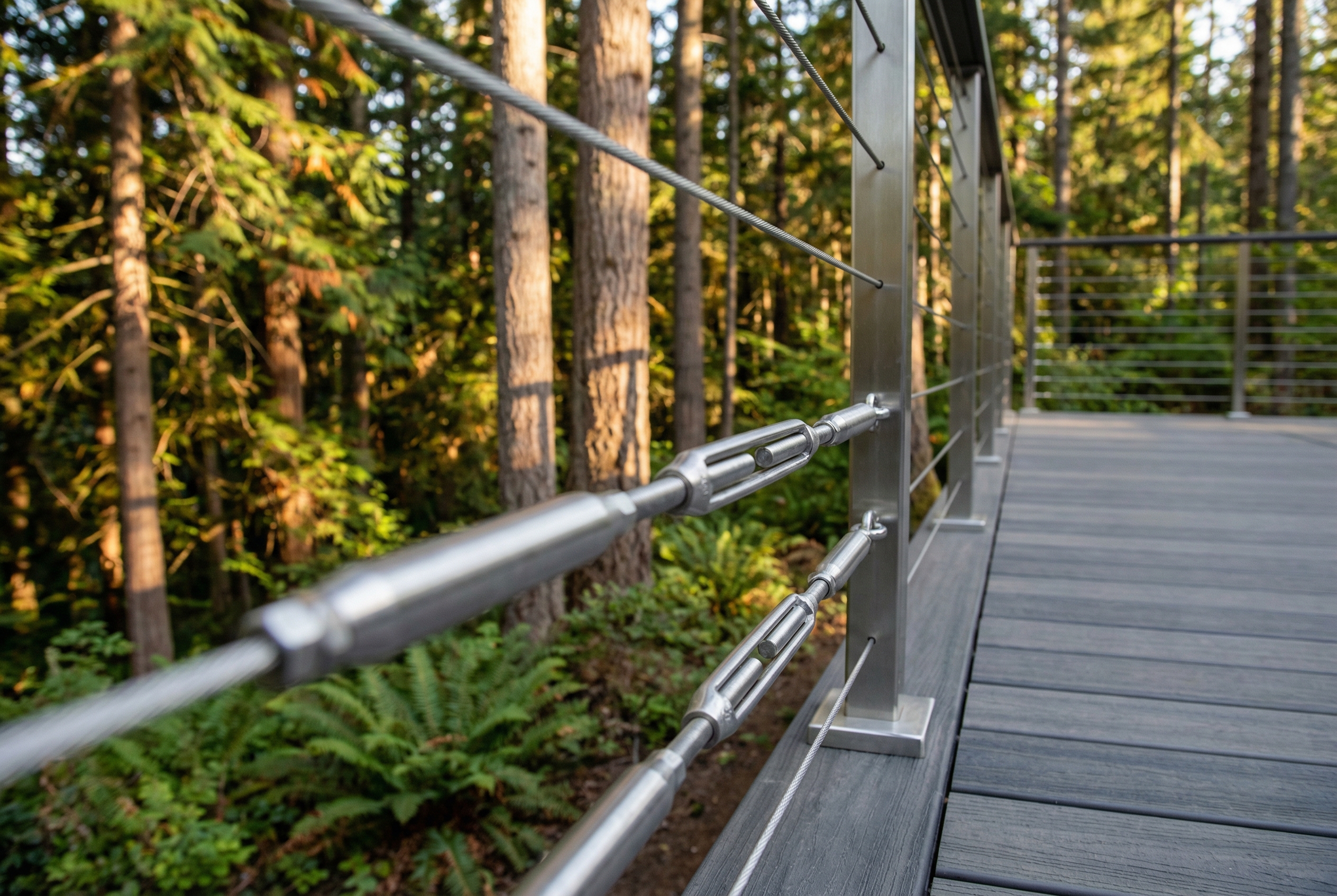 Stainless steel cable railing system on deck overlooking forest
