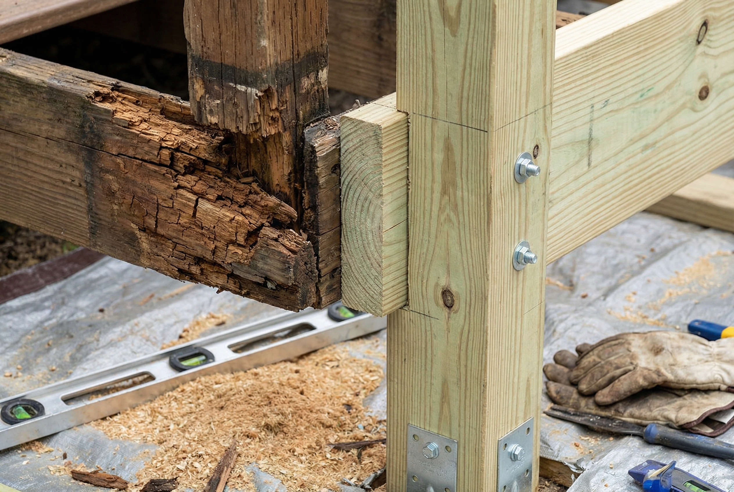 Dry rot damage on deck post being replaced with fresh lumber