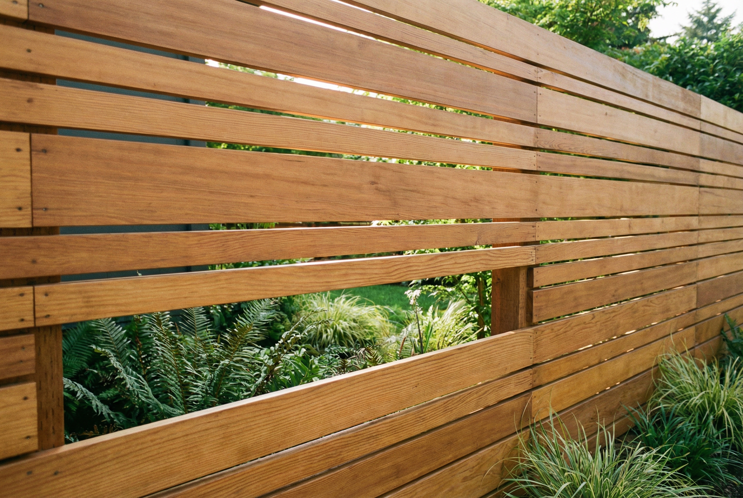 Modern horizontal cedar fence with parallel slats
