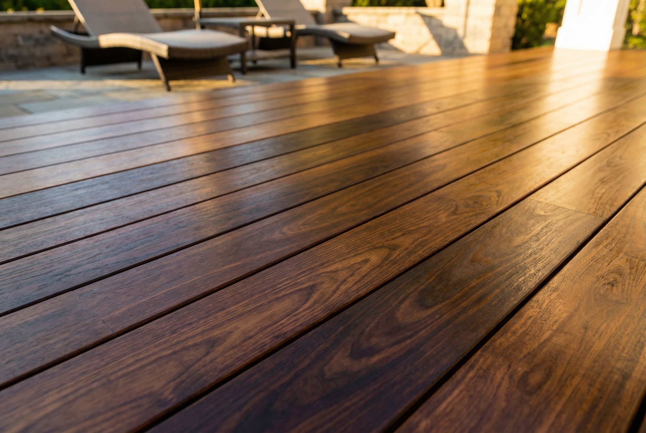 Rich dark ipe hardwood deck surface with natural oil finish