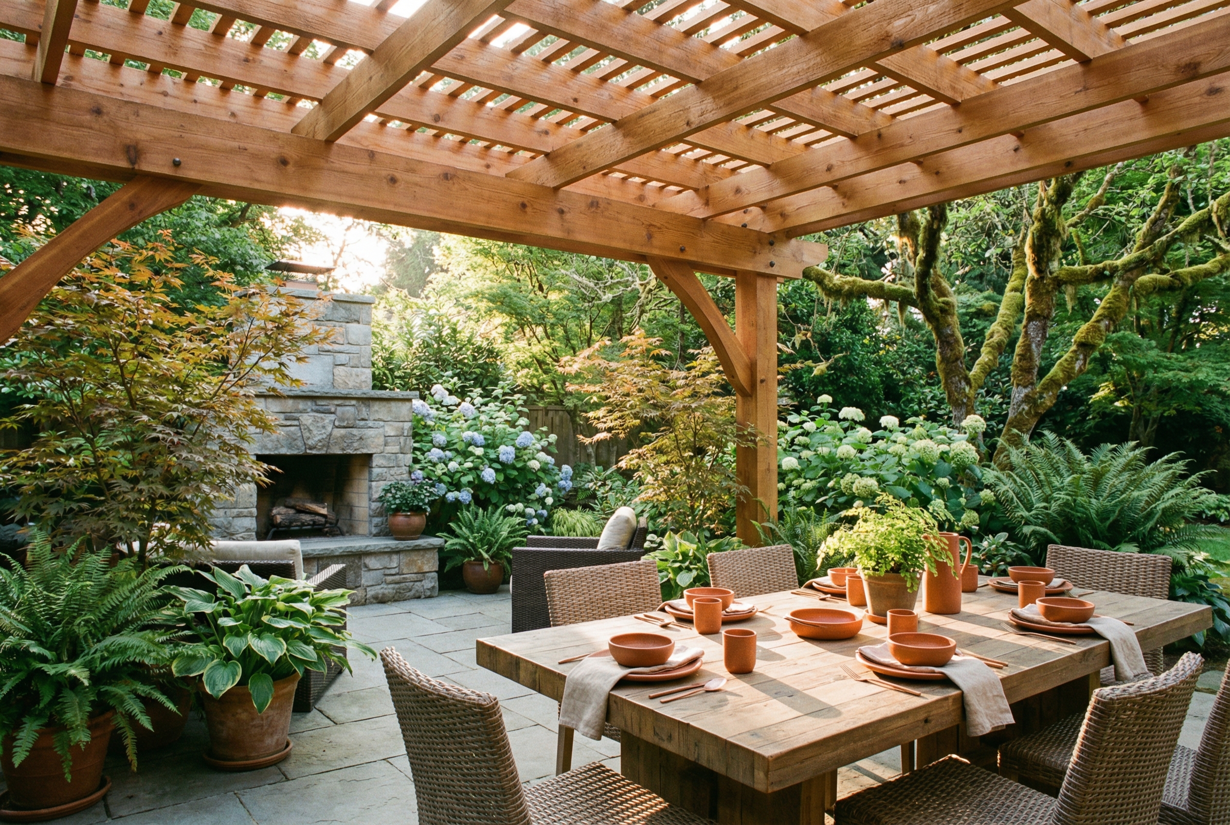 Cedar pergola over outdoor dining area with dappled sunlight