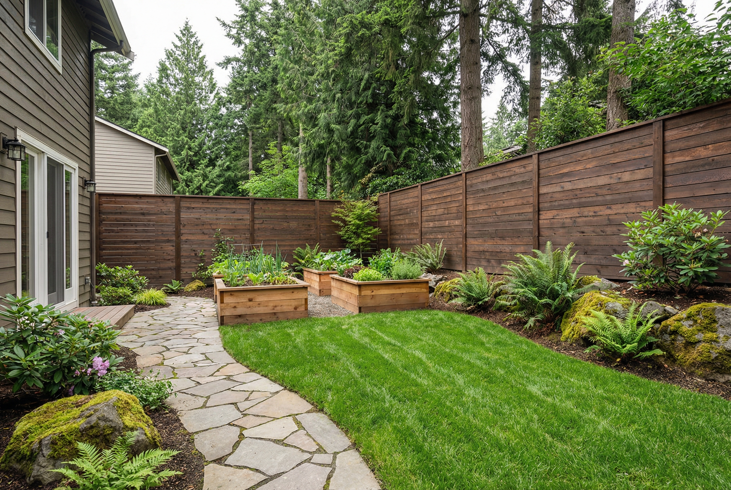 Complete backyard with horizontal cedar privacy fence and garden