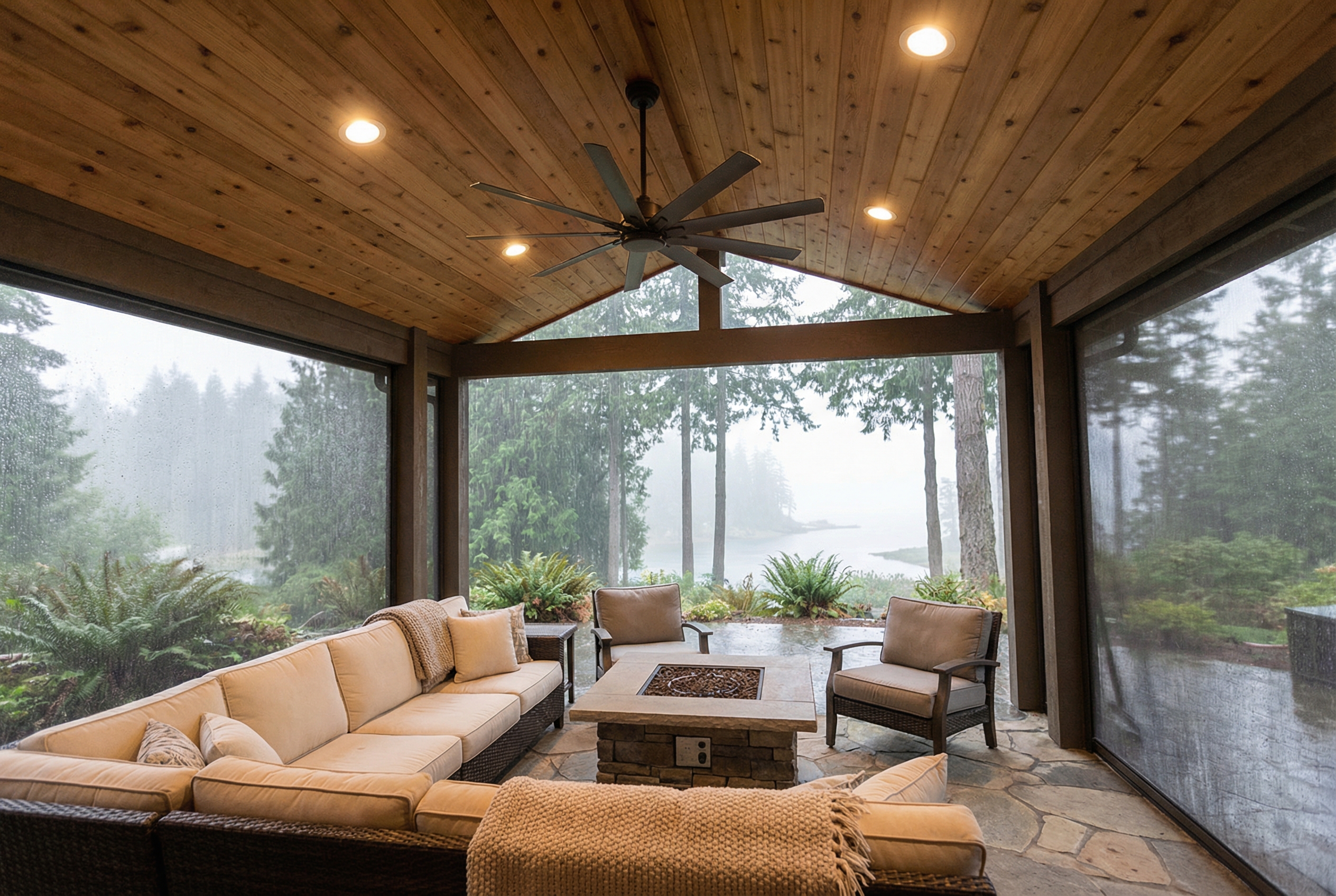 Covered deck with cedar ceiling staying dry during Pacific Northwest rain