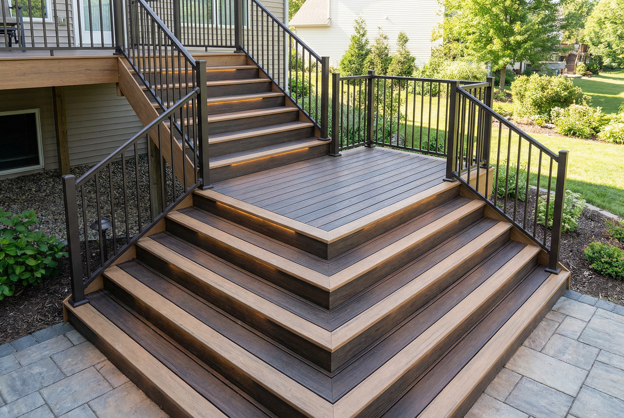 Custom deck staircase with wide landing and LED step lighting