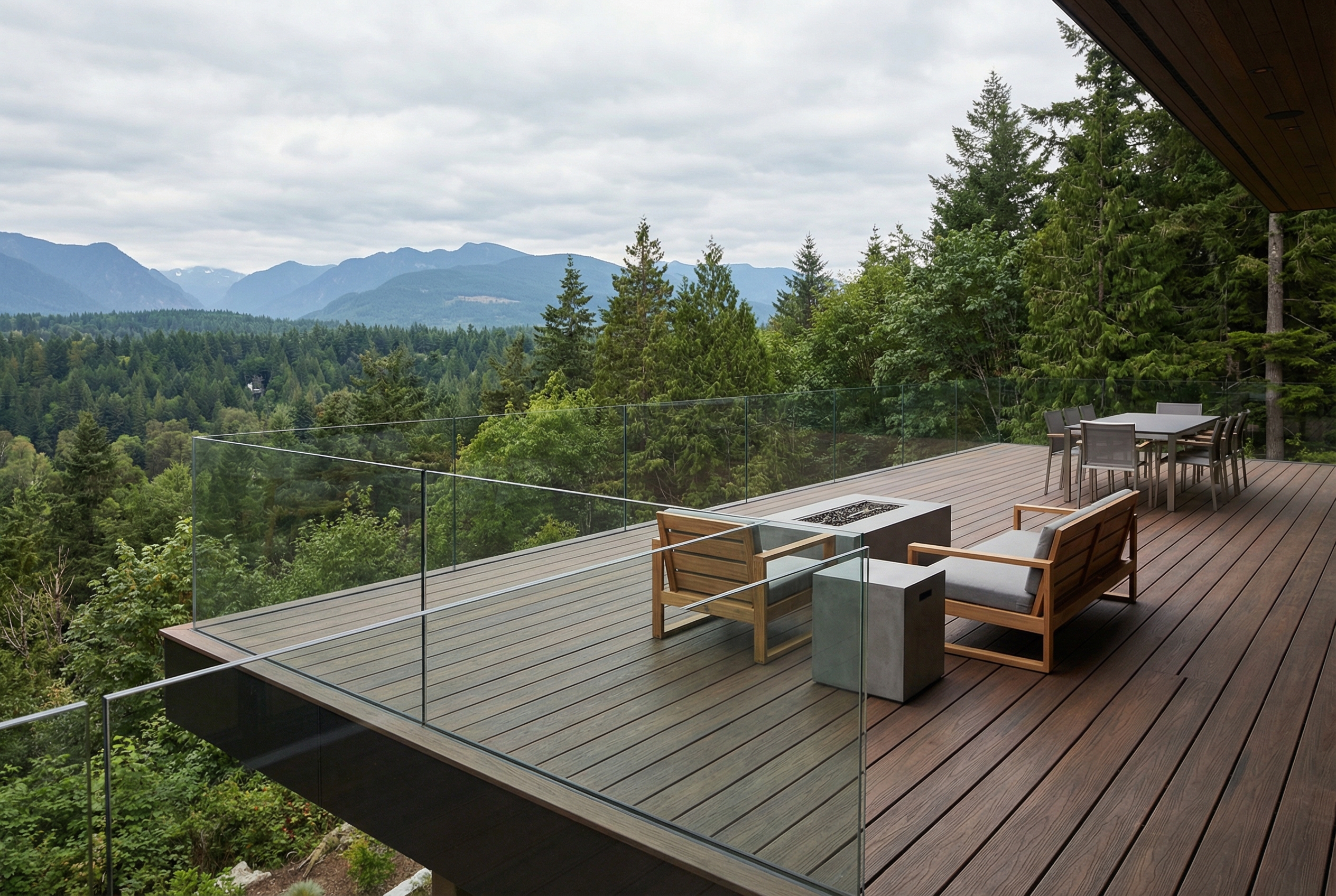 Modern deck with frameless glass railing overlooking forest valley