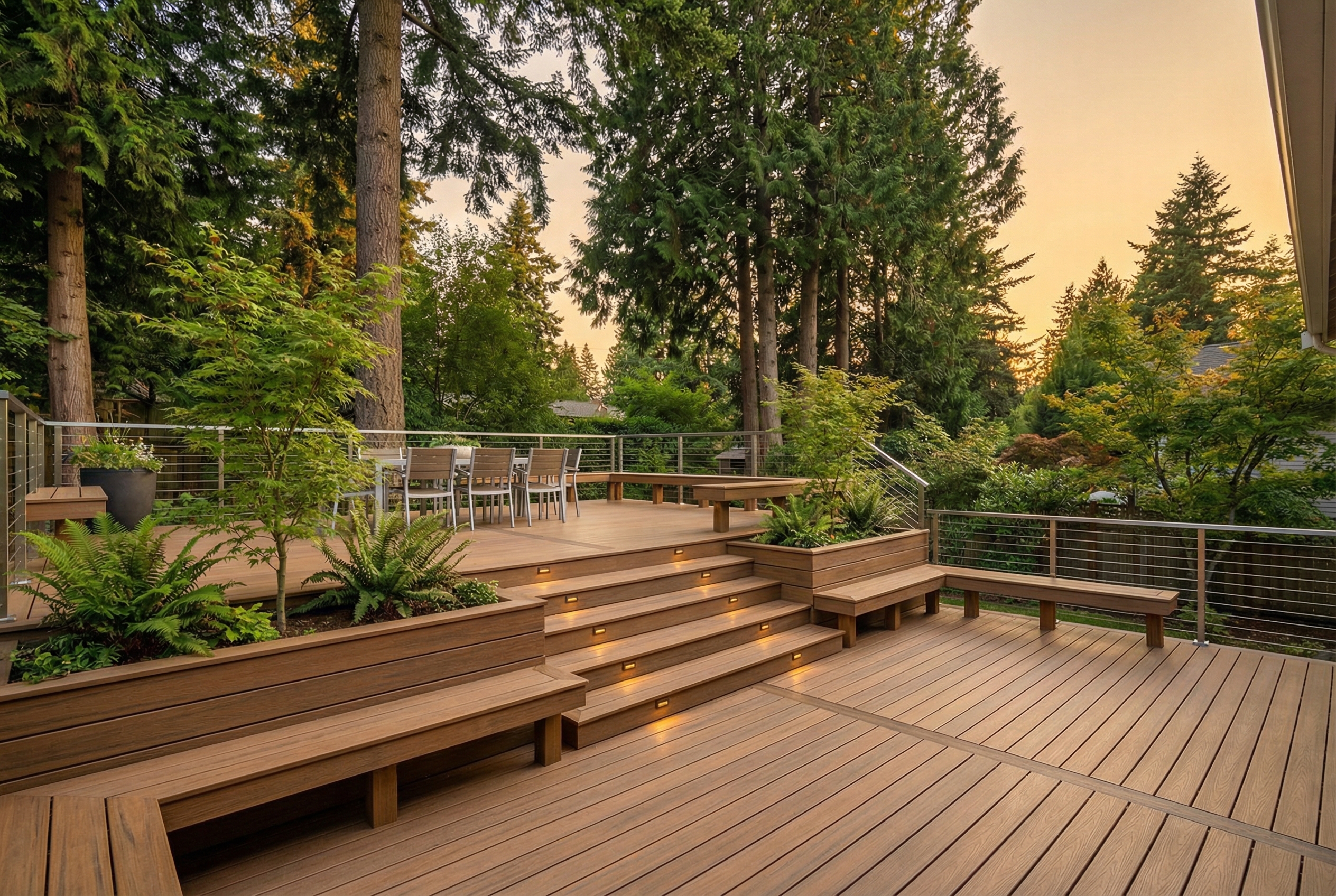 Multi-level composite deck with built-in seating and cable railings