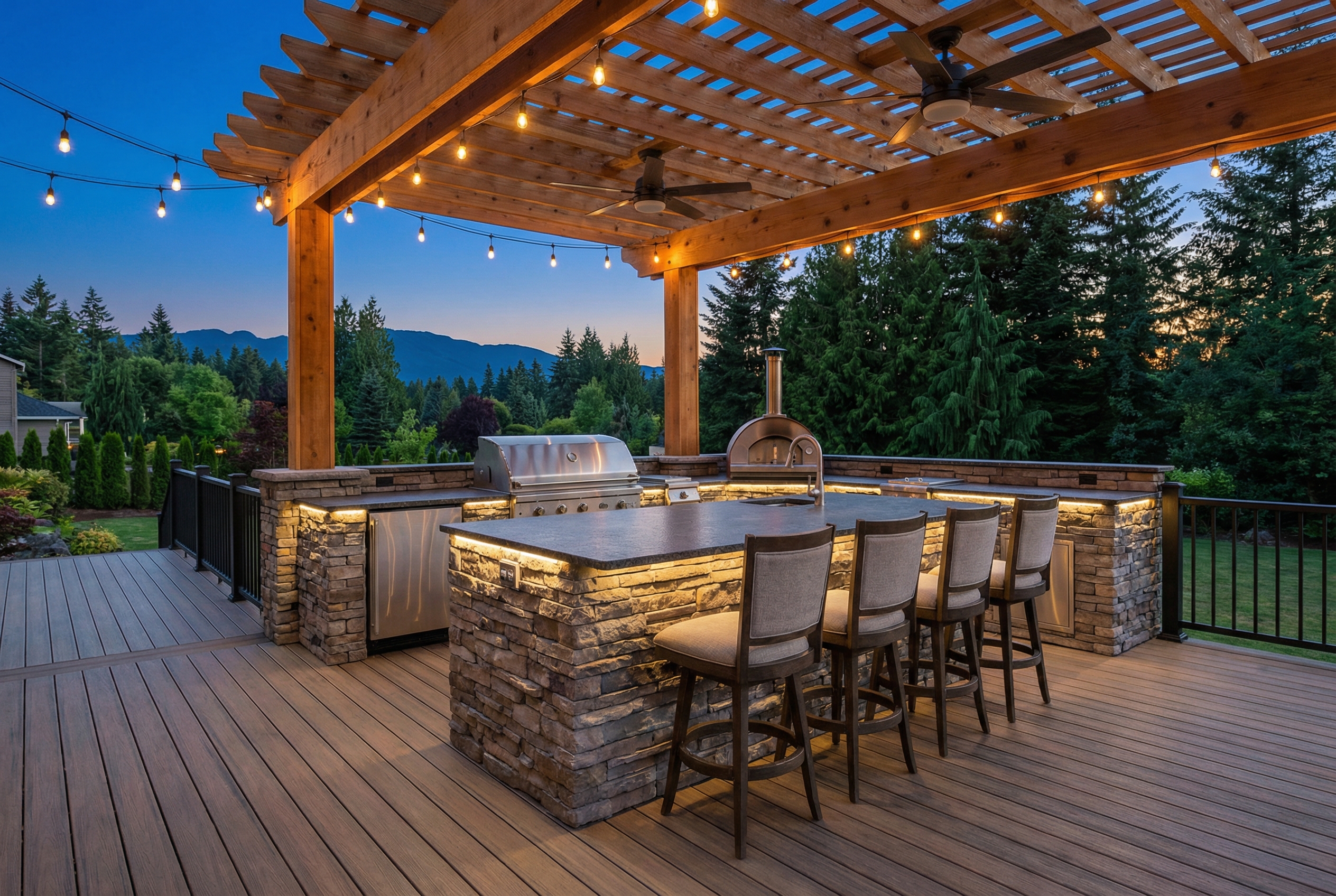 Outdoor kitchen on composite deck with built-in grill and bar