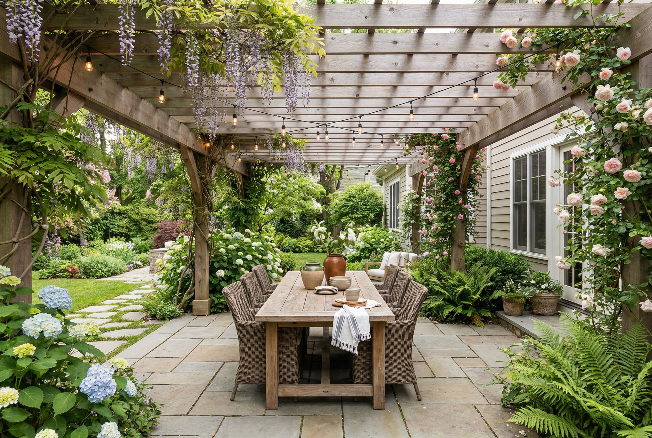 Cedar pergola over stone patio with outdoor dining and string lights