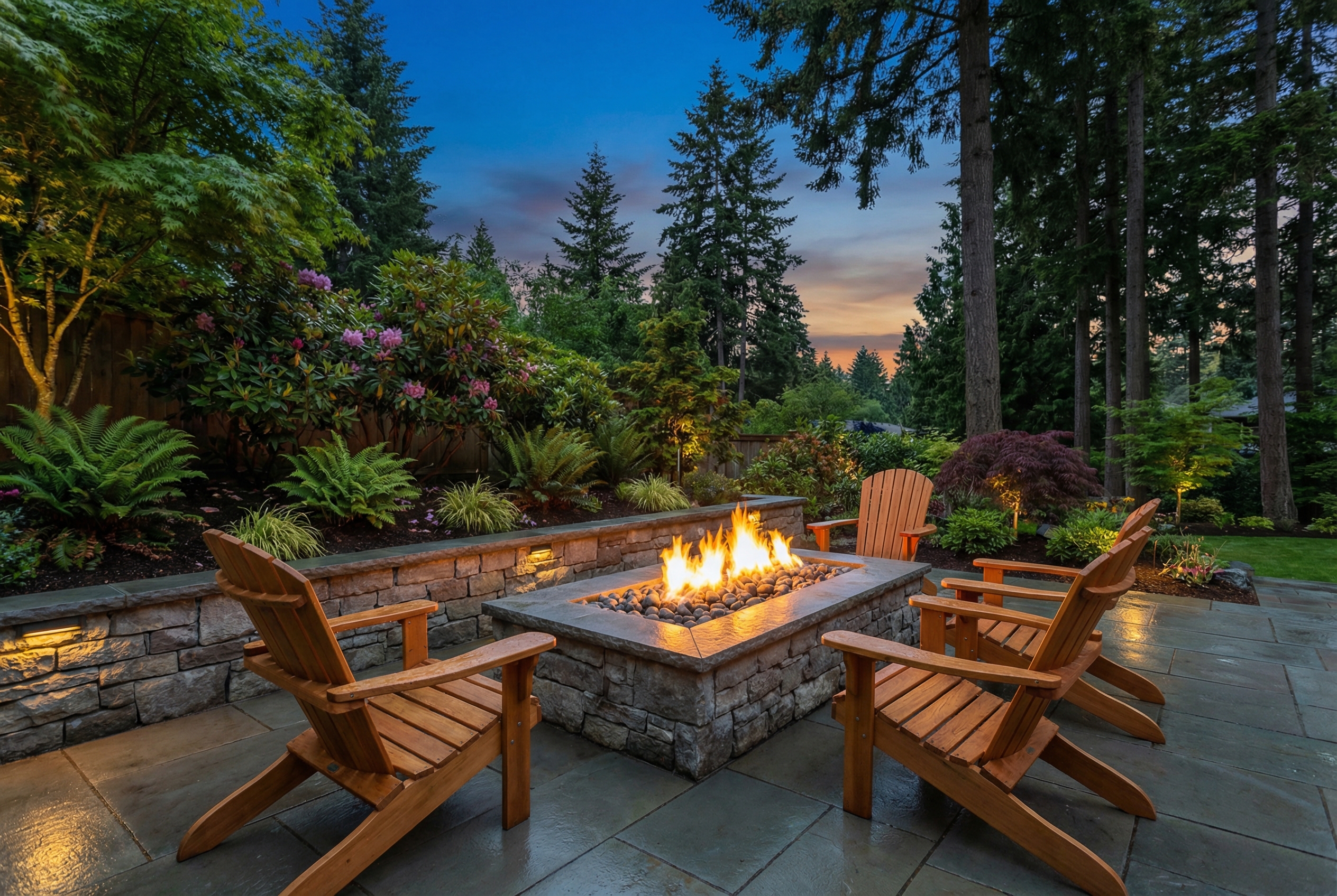 Natural stone patio with built-in fire pit and Adirondack chairs
