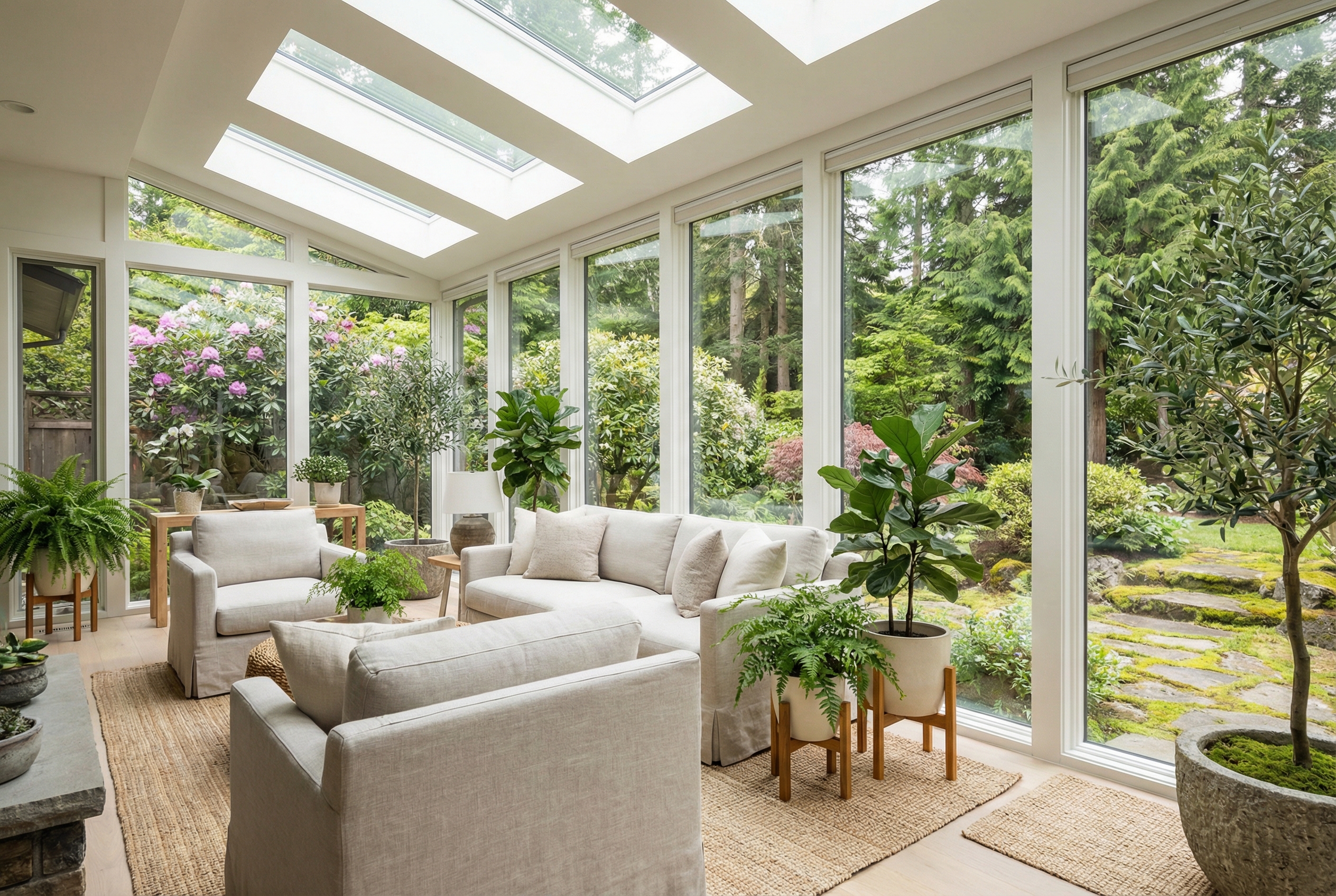 Bright modern sunroom enclosure with floor to ceiling windows